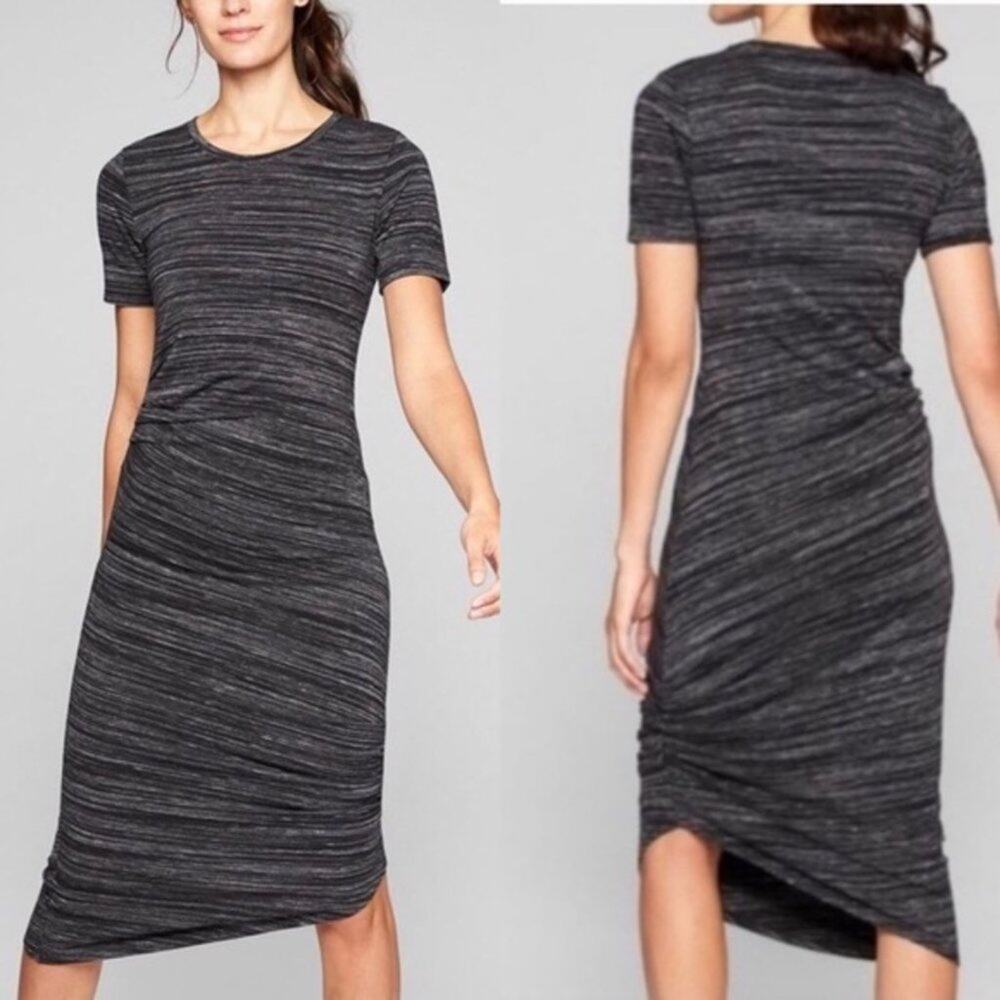 ATHLETA Downtown Ruched Asymmetrical Midi T-shirt Dress Black Space Dye